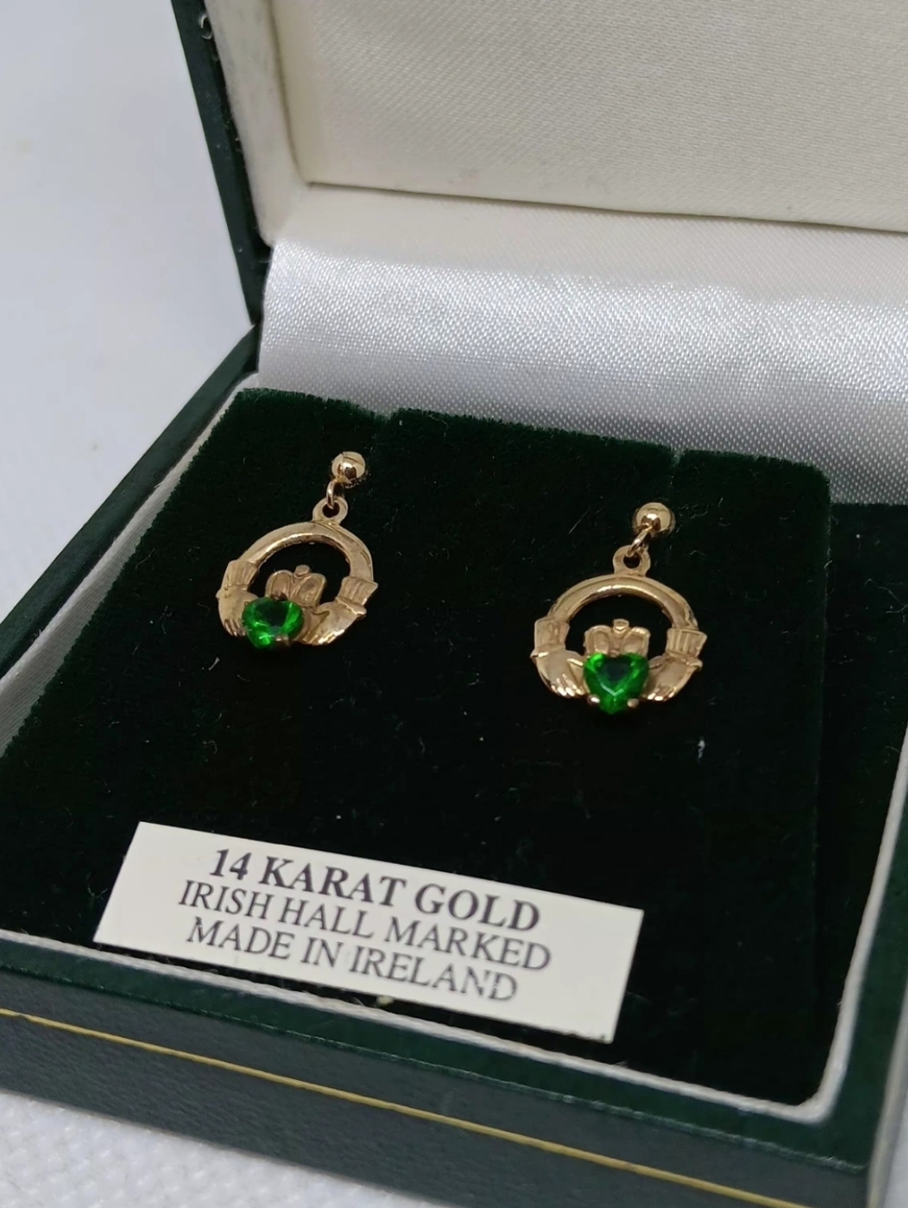 Sold MERC Artisan 14K Gold Claddagh Earrings with Green Hearts